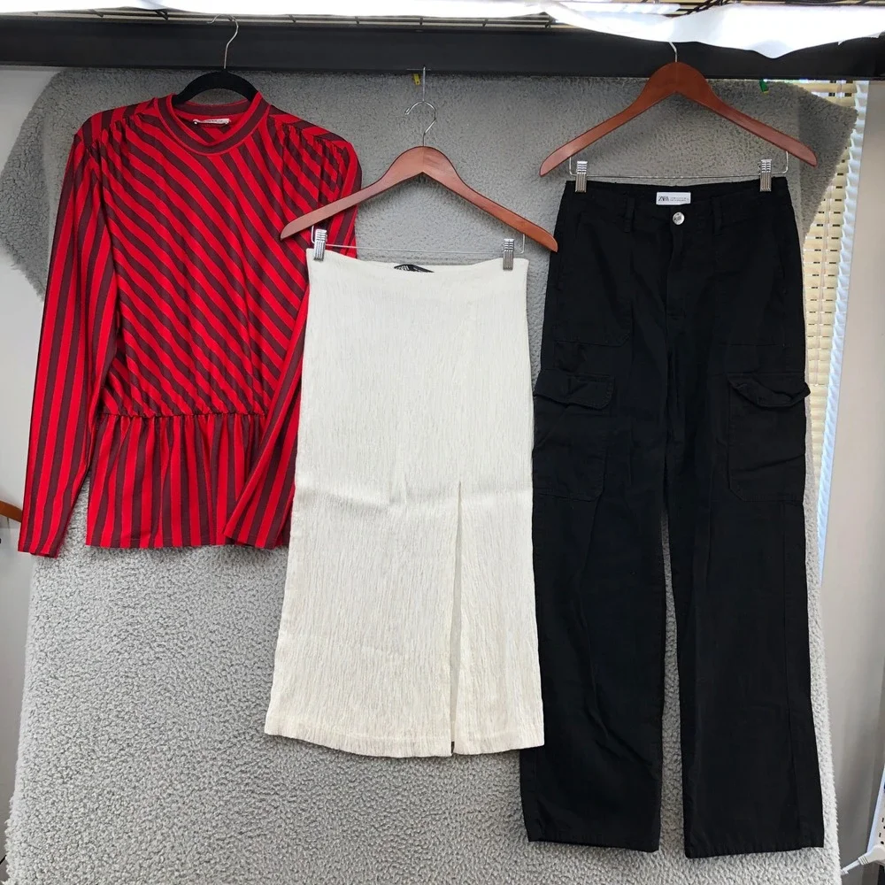 Zara Clothing Lot Women Small 4 Red White Black Striped Top Skirt Cargo Pants